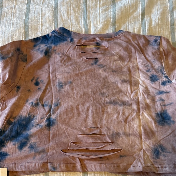 Pink and Blue Graphic Distressed Floral Crop Top - Picture 3 of 3